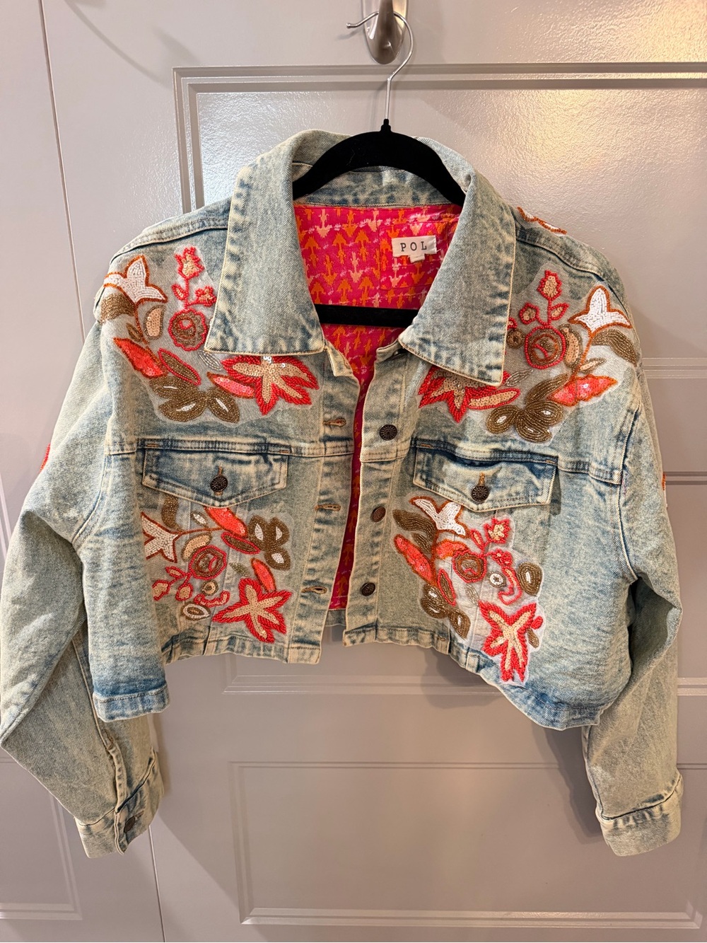 POL Cropped Light Blue Denim Jacket with Coral & Brown Floral Embroidery